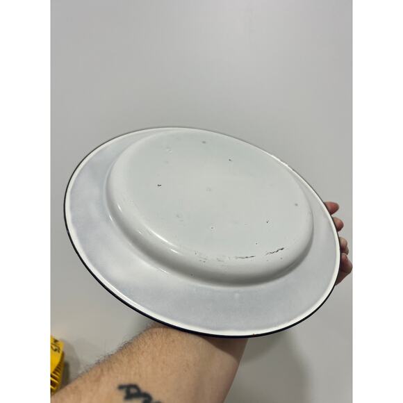 2 Vintage White w/ Blue Rim Enamel 9.5" Salad Plate Cottage Farmhouse Kitchen - Picture 8 of 9